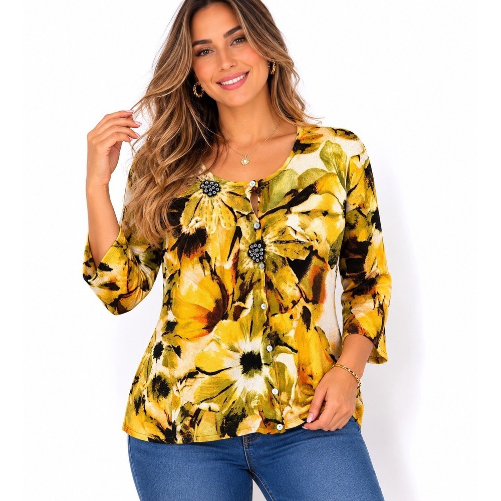 Pierri New York Womens Floral Cardigan Button Front Yellow Knit Top XL
